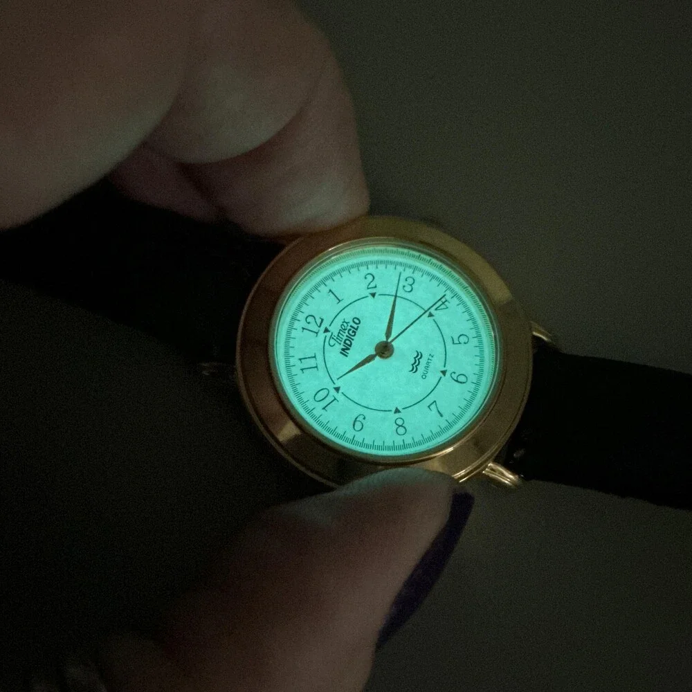 Timex Indiglo Womens Watch 31mm White Dial Gold Tone Black Leather New Battery